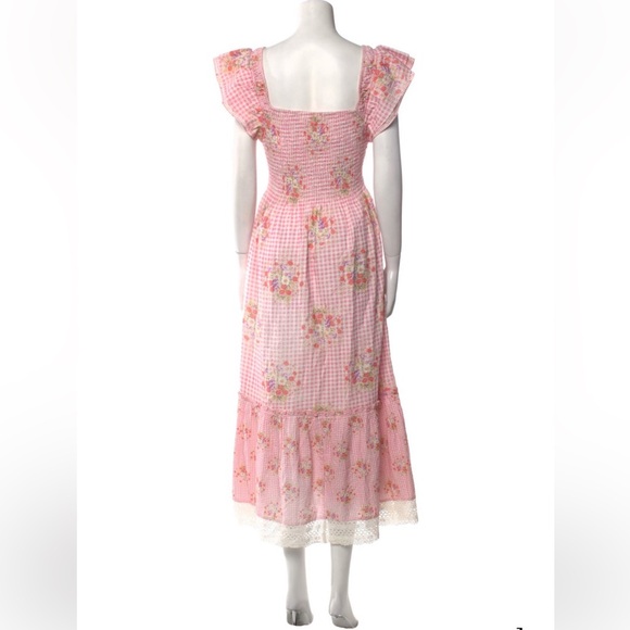 LoveShackFancy Pink Floral Gingham midi Dress Bow Cutout Cotton XL NWT - Picture 6 of 6